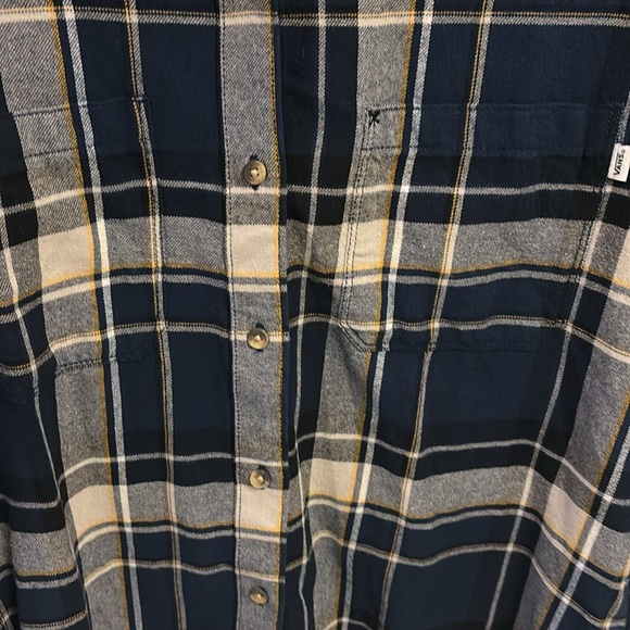 VANS FLANNEL BUTTON DOWN TOP BLUES AND WHITE WITH YELLOW/GOLD STRIPE SIZE LARGE - Picture 4 of 8